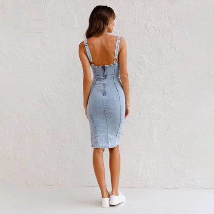 New European and American Cross-Border Amazon U-Neck Distressed Casual Style Suspender Dress Denim Dress 6336