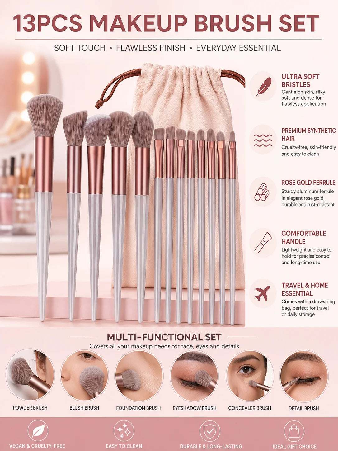 13 grey powder rose gold makeup brush set soft hair eye shadow brush loose powder brush powder blusher brush concealer brush