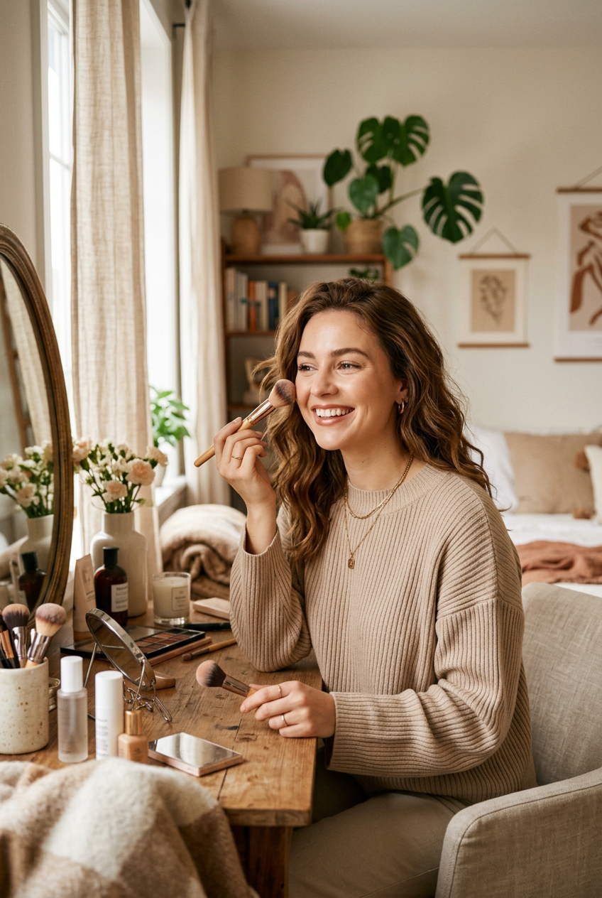 Femme heureuse avec notre maquillage